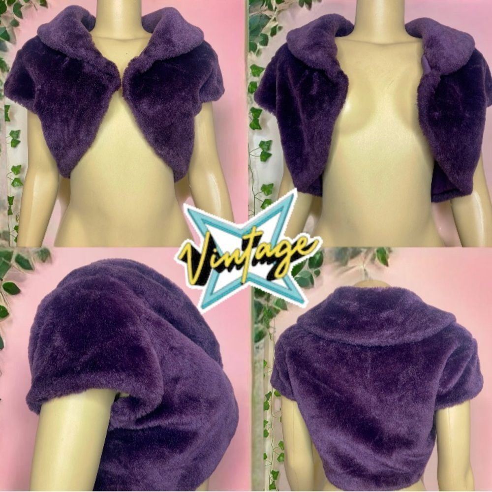 ✅SOLD✅Vintage Mink Faux Fur Eggplant Purple Bolero Shrug Cropped Jacket PTP 21”